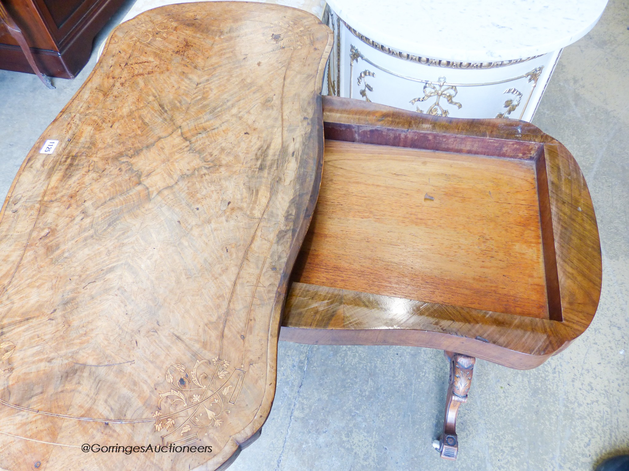 A Victorian inlaid figured walnut serpentine folding top card table, width 97cm, depth 52cm, height 74cm